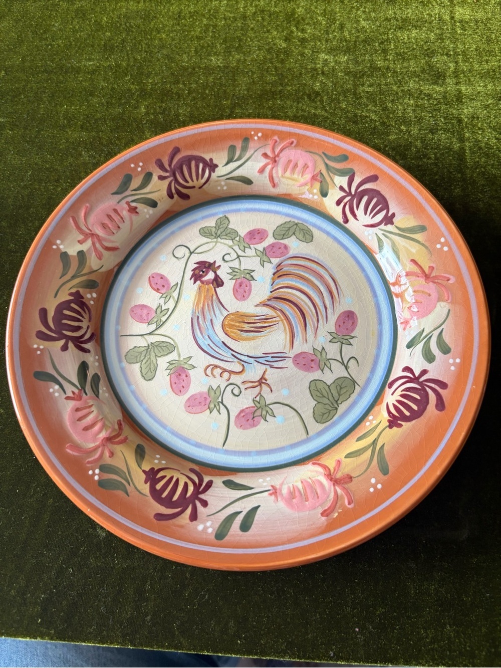 Hand-Painted Rooster Ceramic 9” Plate - Orange